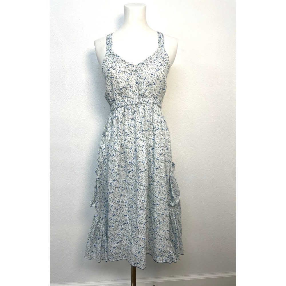 Blue Sky Dress Womens Boho Floral Peasant Summer Dress Ruffles Pockets Lined Lg